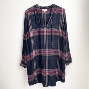Cloth & Stone Plaid Tunic Shirt Dress Long Sleeve Knit Blue Pink L